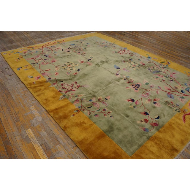 Calming Green Background Wiht Soft Spray Florid Color Antique Chinese Art Deco Rug by Nichols Workshop For Sale - Image 11 of 12