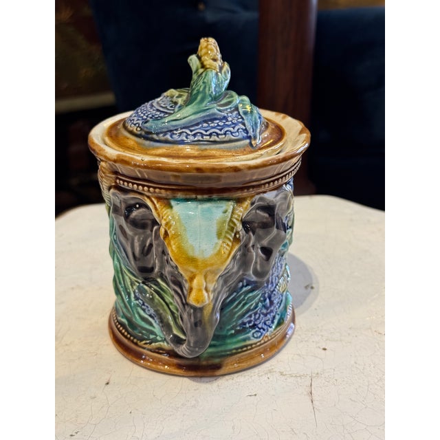 English Antique Onnaing Majolica Tobacco Jar- Elephant Motif For Sale - Image 3 of 11