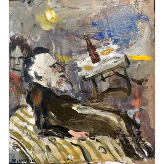 Zvi Milshtein, French Israeli Surrealist Judaica Jewish Oil Painting Rabbi at Table, Bottle, c.1960s For Sale
