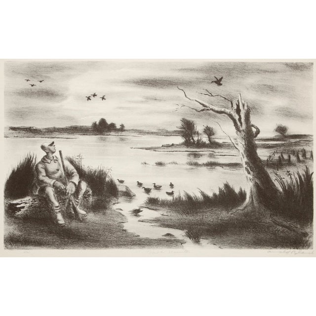 An excellent First Edition period black and white offset lithograph (print) after drawing "Duck Hunter" by American artist...