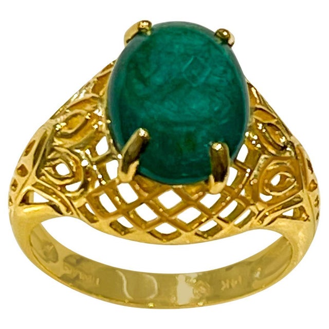 3.3 Carat Oval Emerald Cabochon 14 Karat Yellow Gold Cocktail Ring Vintage For Sale - Image 15 of 18