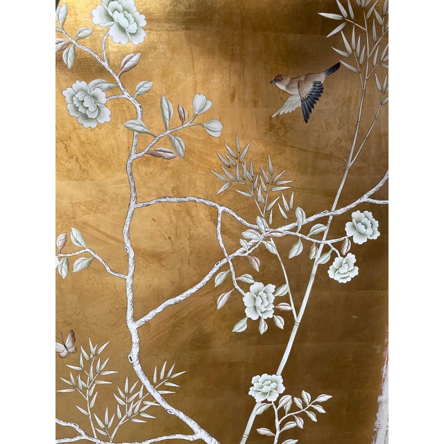 Set of 3 Hand Painted Gold Leaf Chinoiserie Wallpaper Panels, Monochrome Bird & Bamboo Floral Mural, Custom Size Available For Sale - Image 9 of 9