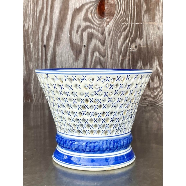 Traditional Vintage Regency Blue and White Trellis Cache Pot For Sale - Image 3 of 10