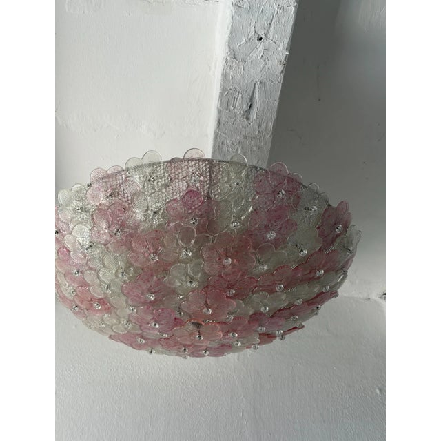 1950s Big Pink & Clear Barovier Toso Midcentury Murano Flowers Flush Mount Chandelier For Sale - Image 6 of 10