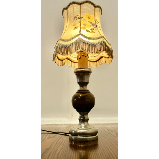 Pewter and Turned Wooden Table Lamp with Hand Painted Shade, 1930s For Sale - Image 4 of 7