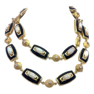 Opal Diamond Gold Necklace Enamel 18k Yellow Button Link Vintage Unique For Sale
