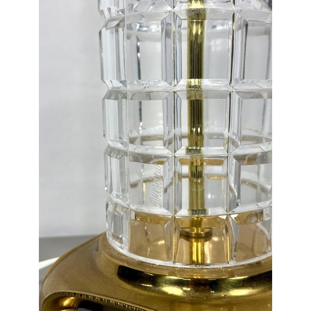 Large Signed Dresden Hand Cut Block Crystal and Brass Table Lamp 31 Inch Hollywood Regency For Sale - Image 12 of 14