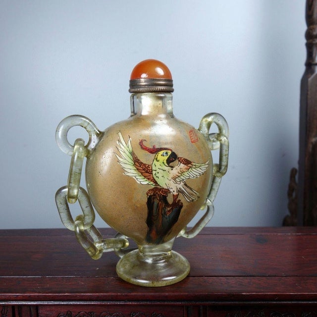 Glass Hand-Painted Glass Snuff Bottle With Chain and Bird Motif For Sale - Image 7 of 9