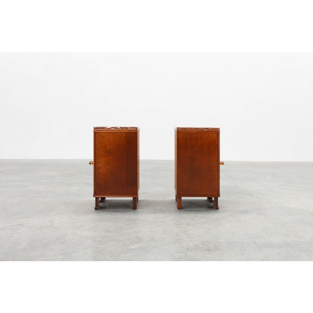 Glass Art Deco Nightstands in Oak with Marble Tops, France, 1920s, Set of 2 For Sale - Image 7 of 18