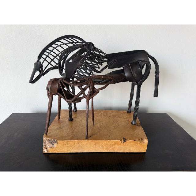 Abstract Vintage Brutalist Abstract Mare & Foal Metal Sculpture on Burl Wood Base For Sale - Image 3 of 16