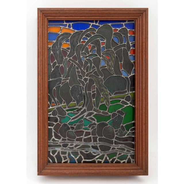 Modern Willow Tree Landscape Scene Electrified Stained Glass Leadlight Panel, mounted in walnut frame. 23.25" H x 14.25"...