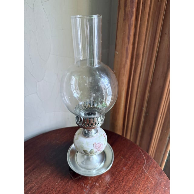 Metal Vintage Mid Century Hurricane Oil Lamp Floral Ceramic Silver Base Glass Chimney For Sale - Image 7 of 9