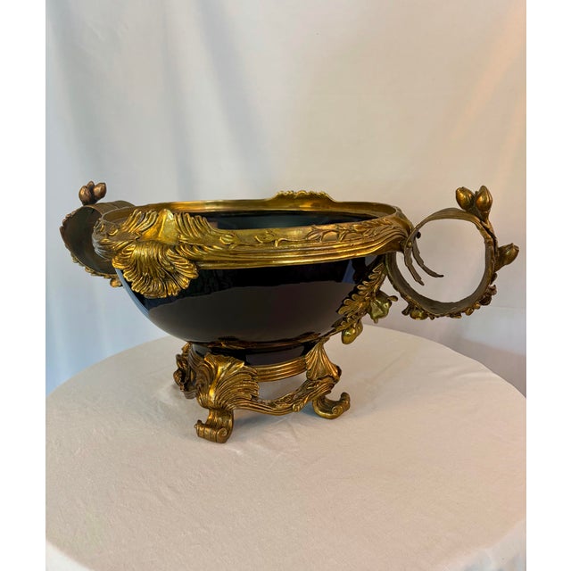 Metal Vintage French Sèvres Style Cobalt Porcelain & Ormolu Centerpiece Bowl | Louis XV Revival For Sale - Image 7 of 10