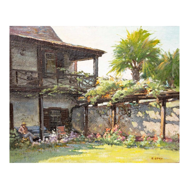 Early Florida Painting "Spanish Garden" St. Augustine by Eric Stry Circa 1950 For Sale