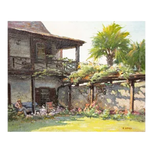 Early Florida Painting "Spanish Garden" St. Augustine by Eric Stry Circa 1950