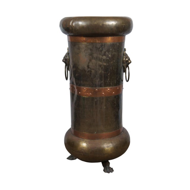 Arts & Crafts Early 20th Century Arts & Crafts Brass Copper Lion Head Claw Foot Umbrella Cane Stand For Sale - Image 3 of 12