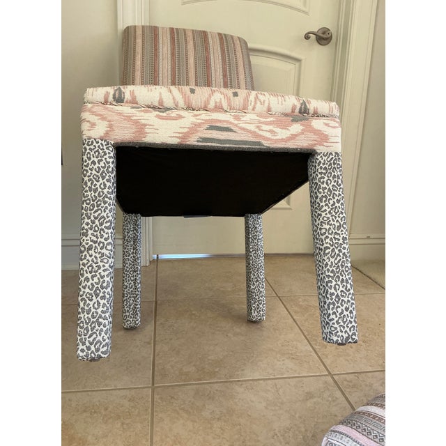 1980s Custom Multi-Pattern Upholstered Accent Chair & Small Footstool Set For Sale - Image 9 of 9