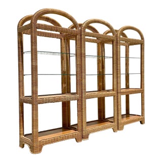 Vintage Coastal Woven Rattan Arched Etagere - Set of Three For Sale