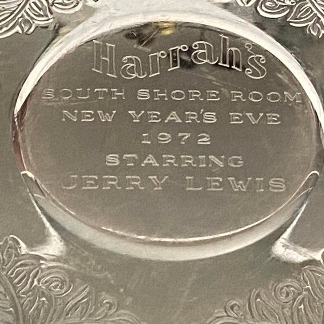 American Jerry Lewis Round Pedestal Silver Plated Oneida Harrah’s New Year’s Eve Platter 1972 For Sale - Image 3 of 11