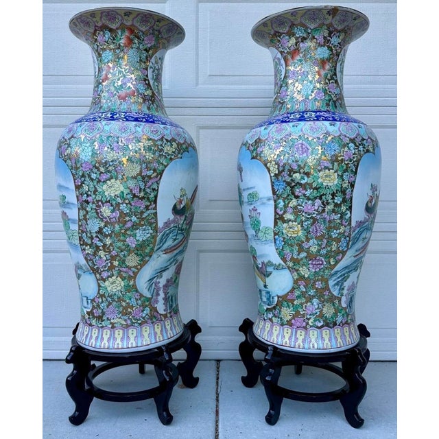 1930s Pair of Monumental Chinese Famille Rose Canton Gold Gilt Palace Vases For Sale - Image 14 of 18