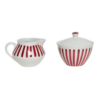 Swedish Ceramic Red Stripe Sugar and Creamer by Karin Björquist for Gustavsberg For Sale