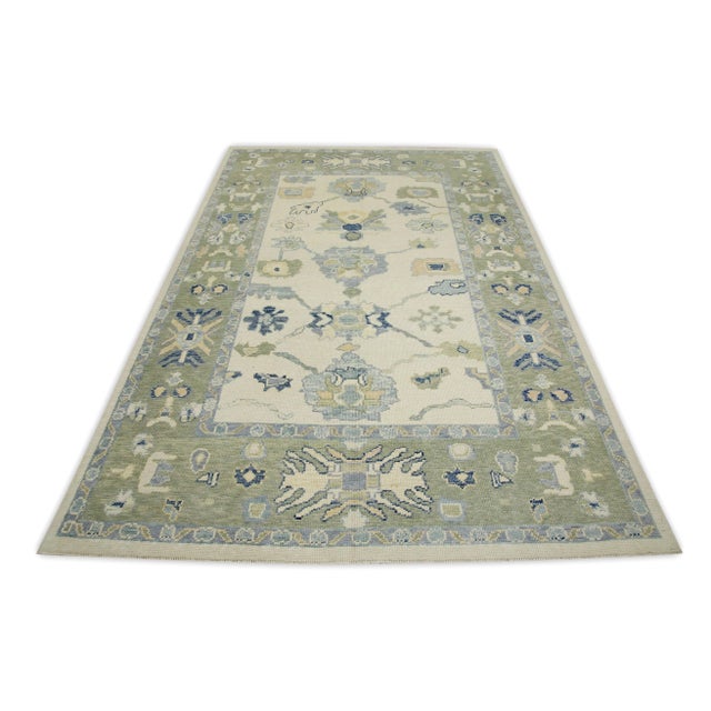 Early 21st Century Early 21st Century Green & Blue Floral Design Handwoven Wool Turkish Oushak Rug 5'10" X 8'10" For Sale - Image 5 of 7