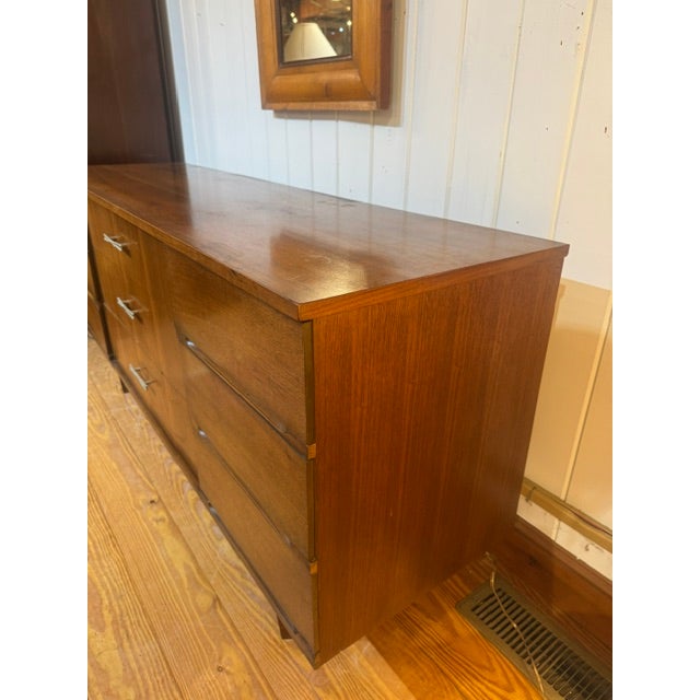 MCM Vintage Walnut Lowboy Dresser With 9 Drawers and Bow Tie Pulls For Sale - Image 4 of 12