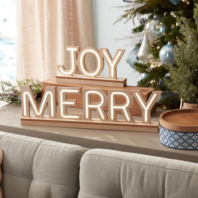 Create a warm and inviting holiday display with this Set of LED Lighted "Joy" and "Merry" Tabletop Signs. Designed in...