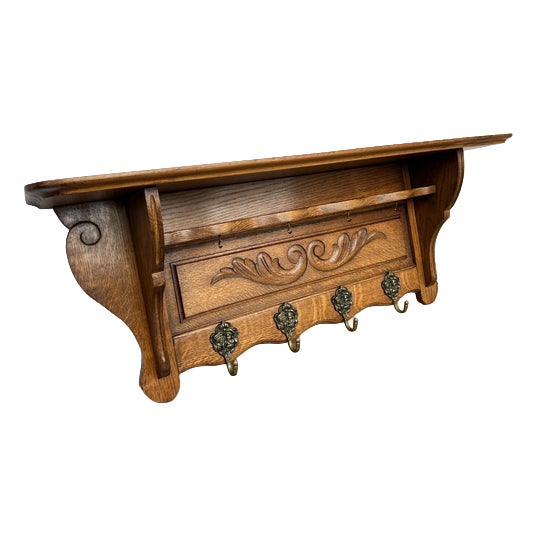 Vintage French Wall Coat Rack in Oak For Sale