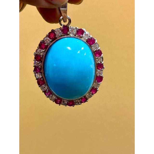 GIA Certified 105 Ct Natural Oval Turquoise, Ruby & Diamond Pendant, Sleeping B For Sale - Image 18 of 18