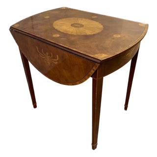 Vintage Baker Furniture Pembroke Drop Leaf Side Table W Inlay Design One Drawer For Sale
