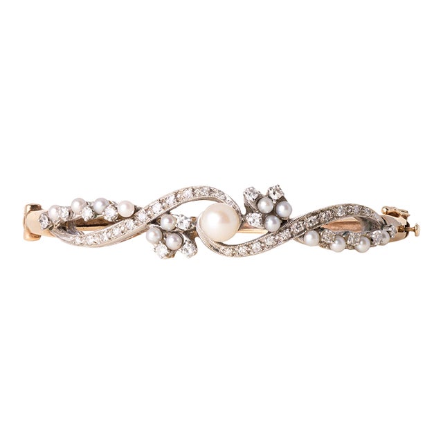 Vintage Pearl & Diamond Floral Cocktail Bangle Bracelet in 14k Two-Tone Gold For Sale