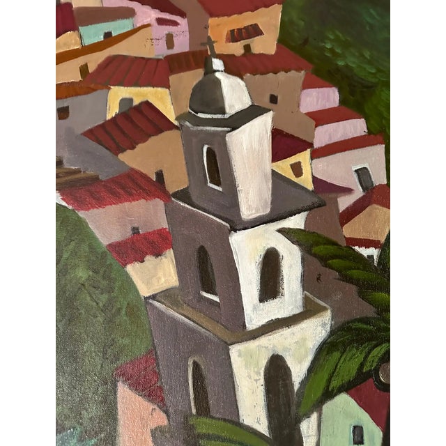 Marc Zimmerman "Climbing Village" Oil Painting, Cliffside Town, Palm Trees, Cubist Architecture, Vivid Green, Contemporary Art West Coast For Sale - Image 4 of 8
