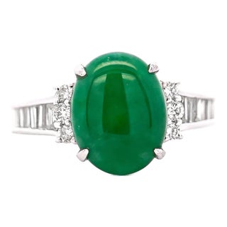Certified 4.17 Carat Untreated Jadeite Jade and Baguette Diamond Platinum Ring For Sale