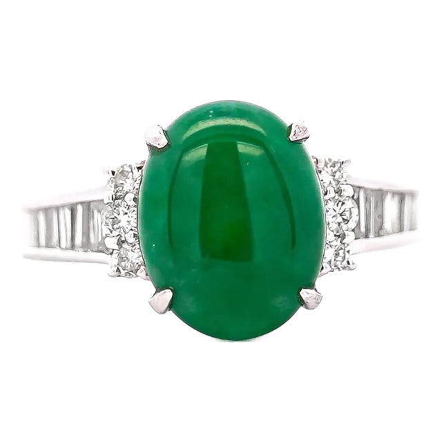 Certified 4.17 Carat Untreated Jadeite Jade and Baguette Diamond Platinum Ring For Sale