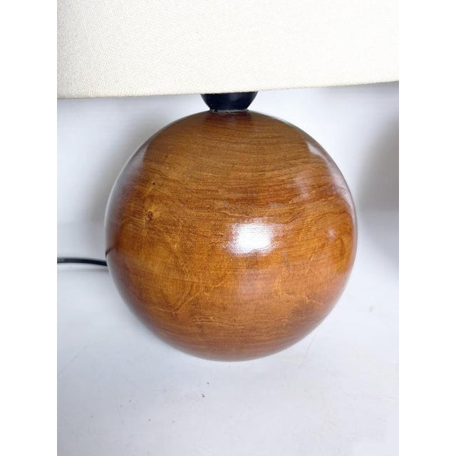 Round Wooden Table Lamps with Lampshades, France, 1970s, Set of 2 For Sale - Image 6 of 18