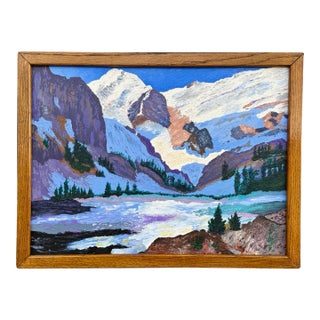 Mid-Century Expressionist Winter Mountain Landscape Oil Painting W/ Original Vintage Wood Frame For Sale