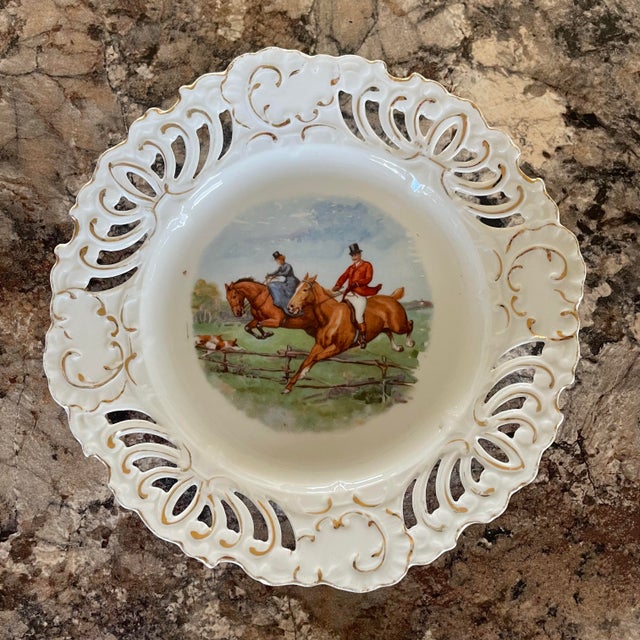 White Two Vintage Reticulated Equestrian Fox Hunt Scene Porcelain Plates With Gold Accents English British Collectible Decorative Gesetzlich Geschutzt For Sale - Image 8 of 8