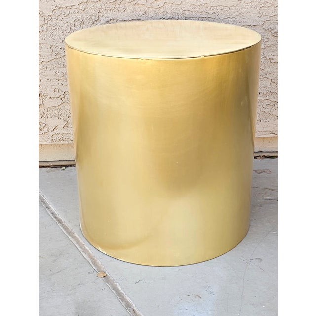 A striking vintage solid brass drum table with a beautifully substantial, minimalist form. Constructed from heavy 1/8-inch...