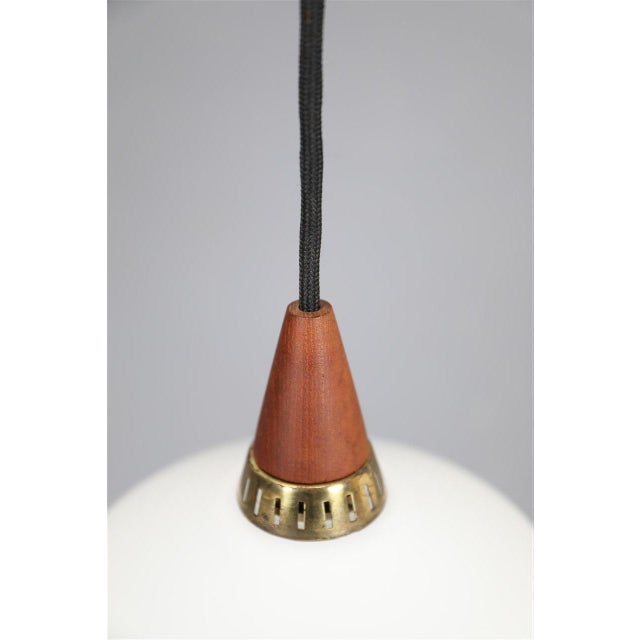 Mid-Century Modern Danish Glass Pendant Lamps with Teak Top, 1960s, Set of 3 For Sale - Image 6 of 11