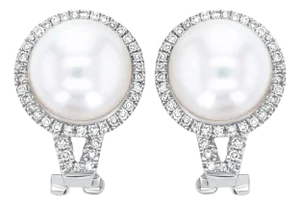 Freshwater Pearl Diamond Halo Earrings .40cttw 14k White Gold, 2 Pieces