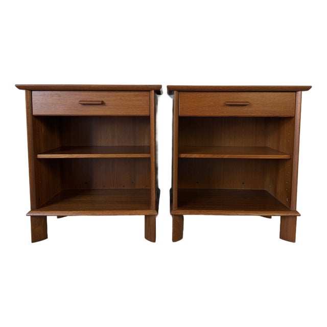 Mid Century Danish Modern Teak Nightstands With Drawer & Open Shelf – A Pair For Sale