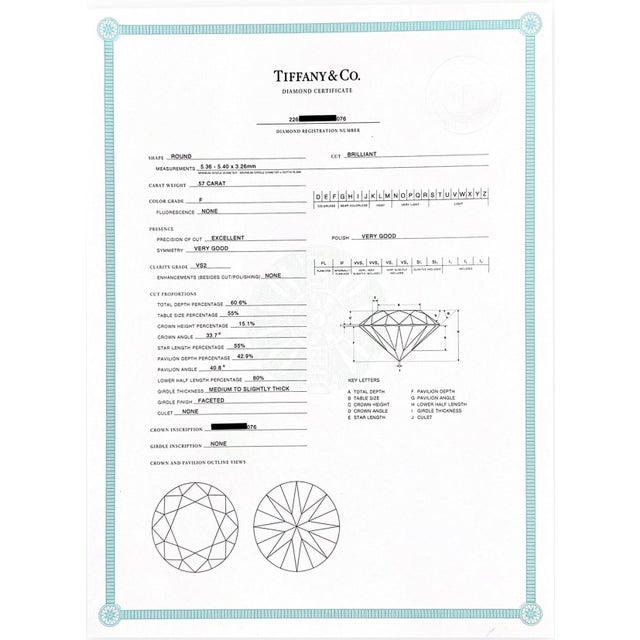 Tiffany & Co. Platinum .57 Ct F Vs2 Diamond Solitaire Engagement Ring W/Papers, Size 7 For Sale - Image 11 of 12