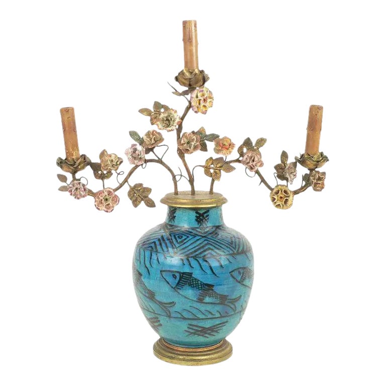 19th Century Persian Turquoise Pottery Vase Decorated with Fish and French Mounted with