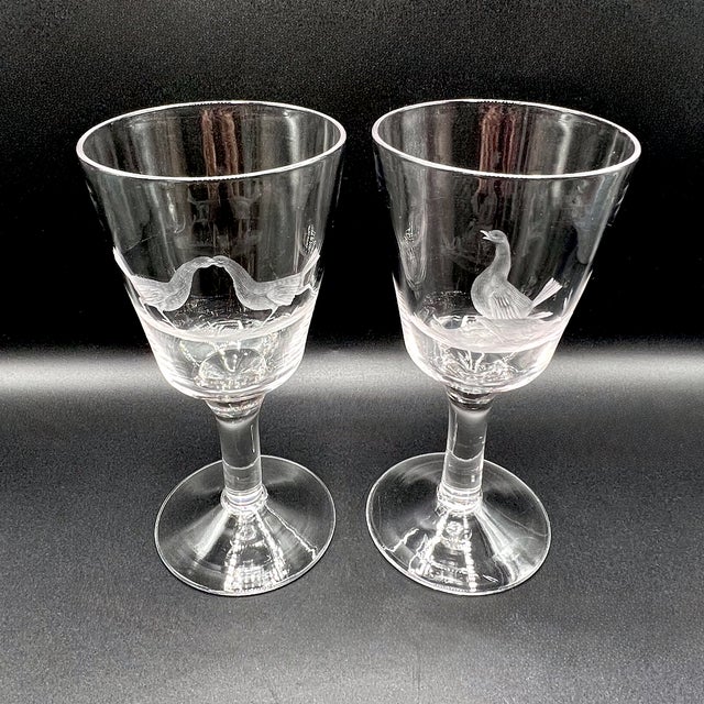 Antique Victorian Hand-Engraved Glass Wine Goblets with Wildlife Goose Scene, England, 1900s, Set of 3 For Sale - Image 6 of 8
