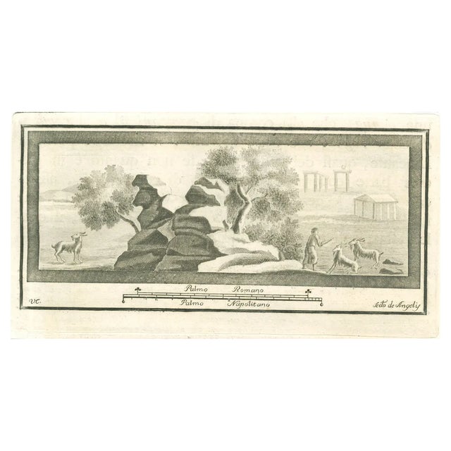 Secondo De Angelis, Pompeian Fresco Landscape, Etching, 18th Century For Sale
