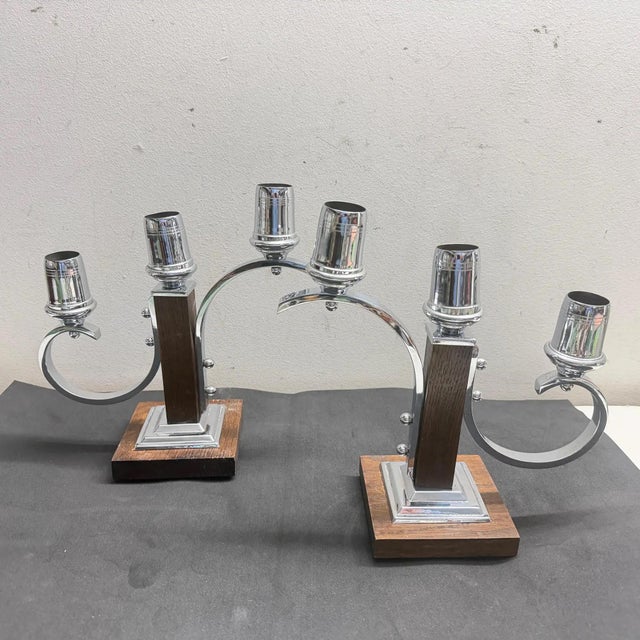 A Pair of 1940s Art Deco Fruit Wood and Chromed Metal French Candelabras For Sale - Image 10 of 10