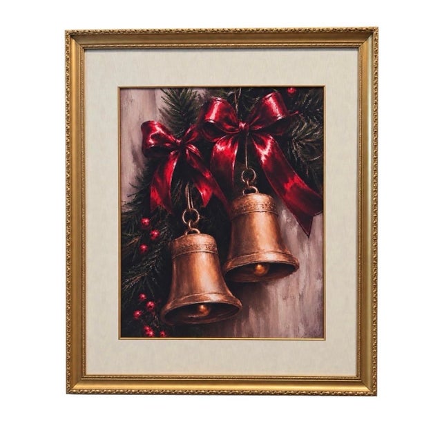 A striking, large-scale Christmas wall piece featuring a pair of warm bronze bells suspended from rich crimson red bows...