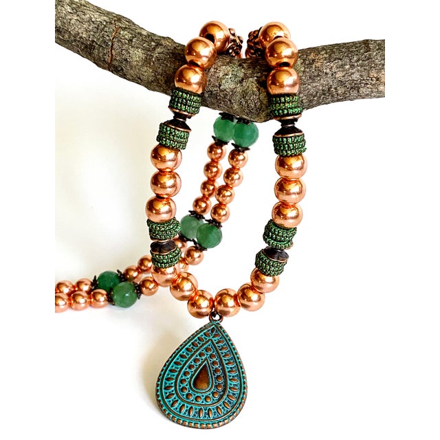 Contemporary Artisan Solid Copper & Green Aventurine Statement Necklace | Verdigris Patina Pendant | Bohemian Luxe Handcrafted Jewelry For Sale - Image 3 of 18