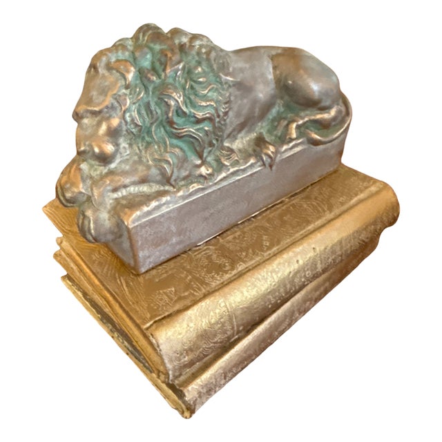 1950s Heavy Cast Metal Lion Reclining on Books Sculpture With Verdigris Patina For Sale